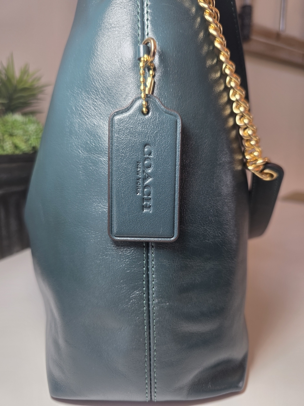 Coach Evelyn Shoulder Bag Dark Teal Smooth Leather Gold Chain- NWT - Picture 9 of 13